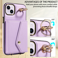 Étui de téléphone portable à bandoulière en accordéon pour iPhone 15 Plus, portefeuille 7 cartes, blocage RFID, support anneau antichoc, protection 360°