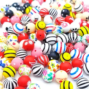 New Design Food Grade Silicone Teething Round Beads 12mm 15mm 19mm Silicone Printed Beads Diy Pacifier Keychain Necklace