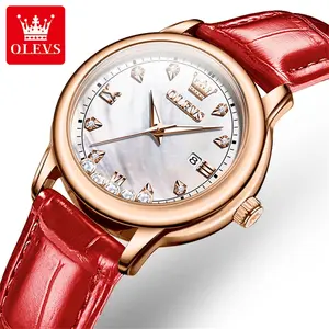 Olevs 9981 relógio de quartzo feminino clássico com logotipo personalizado, pulseira de couro genuíno, display de data à prova d'água, baixo preço, relógio casual