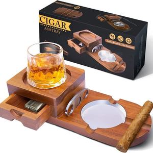 Custom Metal Wooden Ashtray European Desktop Drawer Cigar Tray Multifunctional <b>Whiskey</b> <b>Glass</b> Holder Cigar Ashtray Accessories - Product Image 2