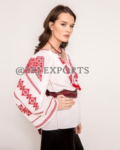 Women's White Cotton Embroidered Blouse Balloon Sleeve V-Neck Casual Quick Dry Short Spring Summer Wear - Product Image 1