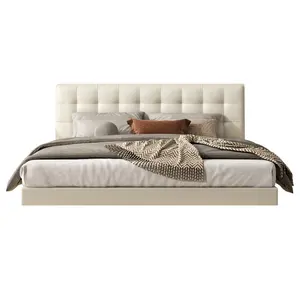 Cama king-size flutuante em forma de estofamento, mobília moderna de couro branco genuíno, cama de casal com estofamento moderno