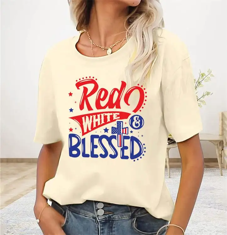 Kadın kırmızı beyaz ve mübarek T-Shirt komik 4th temmuz Tees İsa vatansever estetik kısa kollu Casual Tops