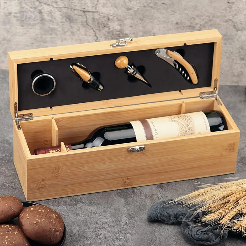 Wooden Wine Box with 4 Wine Accessories Set Bamboo Wine Case with Tools Set Storage Gift Box