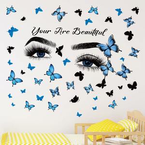 Pegatinas de pared 3D creativas con forma de ojo de mujer y mariposa azul, autoadhesivas, de PVC, impermeables, resistentes a los rayos UV, decoración del hogar para sala de estar - Product Image 4