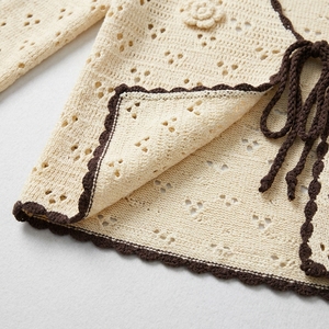 Elegante Cárdigan de Punto Crema con Detalles Calados para <span class=keywords><strong>Mujer</strong></span>, Cuello Redondo, Abotonado, Ligero, Transpirable, para Primavera/Verano - Product Image 2