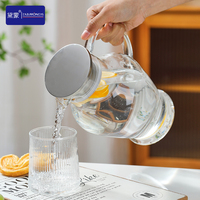 Vente en gros de pot à eau en verre de haute qualité, résistant aux chocs thermiques, avec couvercle et poignée en acier, verre borosilicate de haute qualité, sans danger pour les aliments