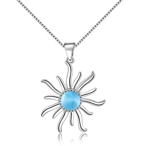 Collar con Colgante de Larimar Vibrante con Diseño de <span class=keywords><strong>Sol</strong></span> - Gema Azul Cielo y Marco de Plata con Halo de Circonitas |   Joyería de Verano, Regalos al por Mayor - Product Image 1