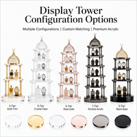 Tour d'exposition à 5 niveaux en acrylique cristallin usiné CNC avec colonnes dorées pour parfums, montres et bijoux