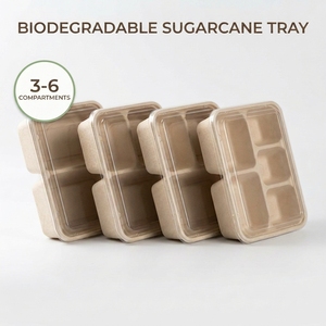 Biodegradable Sugarcane Bagasse <b>Lunch</b> <b>Box</b> Eco-Friendly 3 4 5 6 Compartment Meal Tray with Lid for Catering - Product Image 3