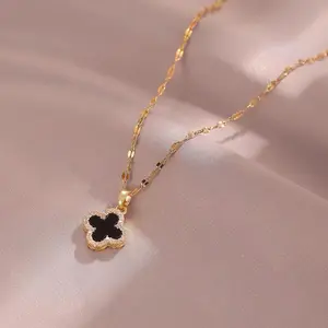 Cadeau pour femme Lucky grass pendentif double face bijoux en cristal trèfle à quatre feuilles collier en acier titane