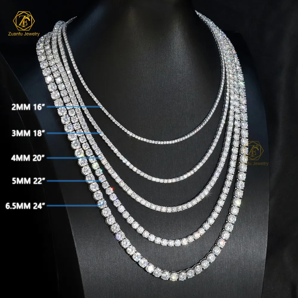 Hip Hop Iced out D Color White VVS 925 Sterling Silver 3mm-4mm Moissanite Diamond Tennis Chain Necklace Gold Plated Link Chain