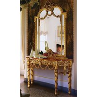 Ensemble de salon de villa classique en bois massif antique, table console en feuille d'or avec plateau en marbre véritable et miroir