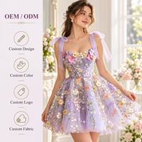 Gaun Mini Tulle Aplikasi Bunga 3D Wanita, Gaun Prom Jaring Bordir Bunga Tanpa Punggung, Elegan Custom