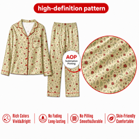 Ensemble de pyjama personnalisé en satin crème avec col cranté motif poinsettia pour femme, en polyester, pour Noël, POD, MOQ 1 pièce, Dropshipping