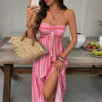 Robe longue à col halter et imprimé géométrique pour femme, style vacances, en viscose légère, coupe ajustée, disponible en rose, vente en gros