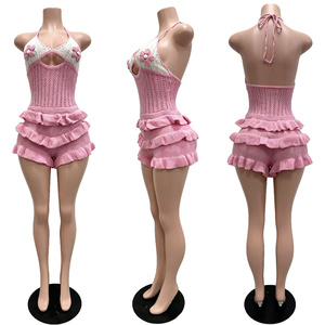 Combinaison Y2K en tricot ajouré pour femme, col halter, sans manches, à volants, lacets, découpes, crocheté à la main, style streetwear - Product Image 3