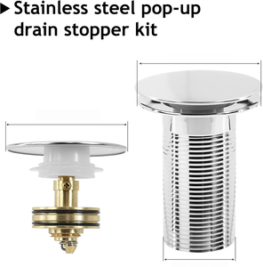 Bonde de lavabo de salle de bain moderne chromée sur mesure, avec tuyau de vidange intégré, facile à nettoyer, blanc, avec système de vidange pop-up et de trop-plein, Jade Hill - Product Image 4