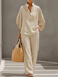 Lockerer Stehkragen-Leinen-Zweiteiler mit Fledermausärmeln und Weiten Hosen - Lässiges Alltags- und Urlaubsoutfit für Damen - Product Image 5