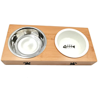 Doubles bols d'alimentation pour chiens et chats, en céramique, simple, support en bambou, pour chiens, gobelets, pailles, alimentation