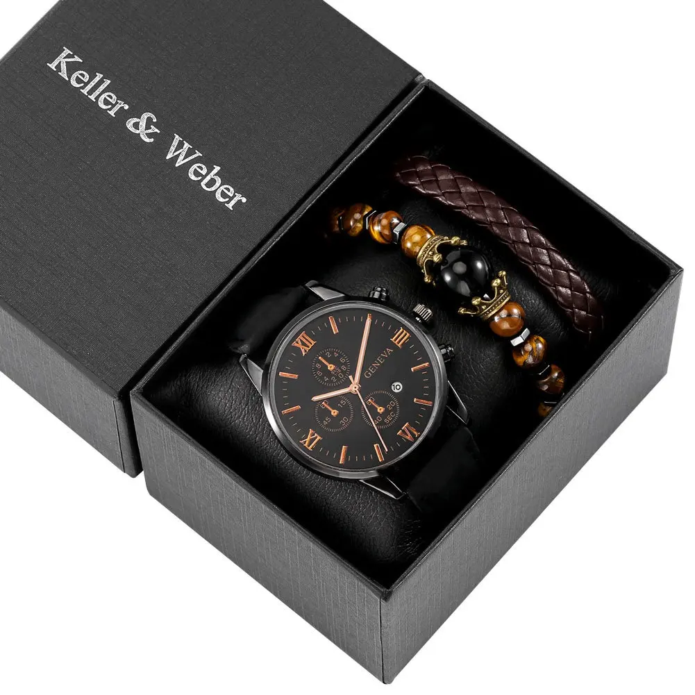 Fashion watch gift set with box Wrist Watches For Men Jewelry sets Geneva Watch Bracelets set leather wristwatches