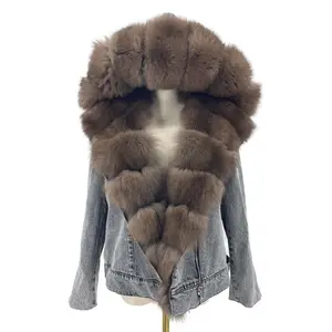QIUCHEN QC21153 패션 겨울 여성 럭셔리 솜털 진 자켓 후드 코트 큰 여우 모피 칼라