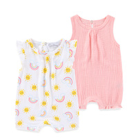 Baju monyet bayi perempuan, Jumpsuit tanpa lengan gaya kasual dengan renda Set dua potong 100% kancing penutupan ukuran 2T untuk musim panas