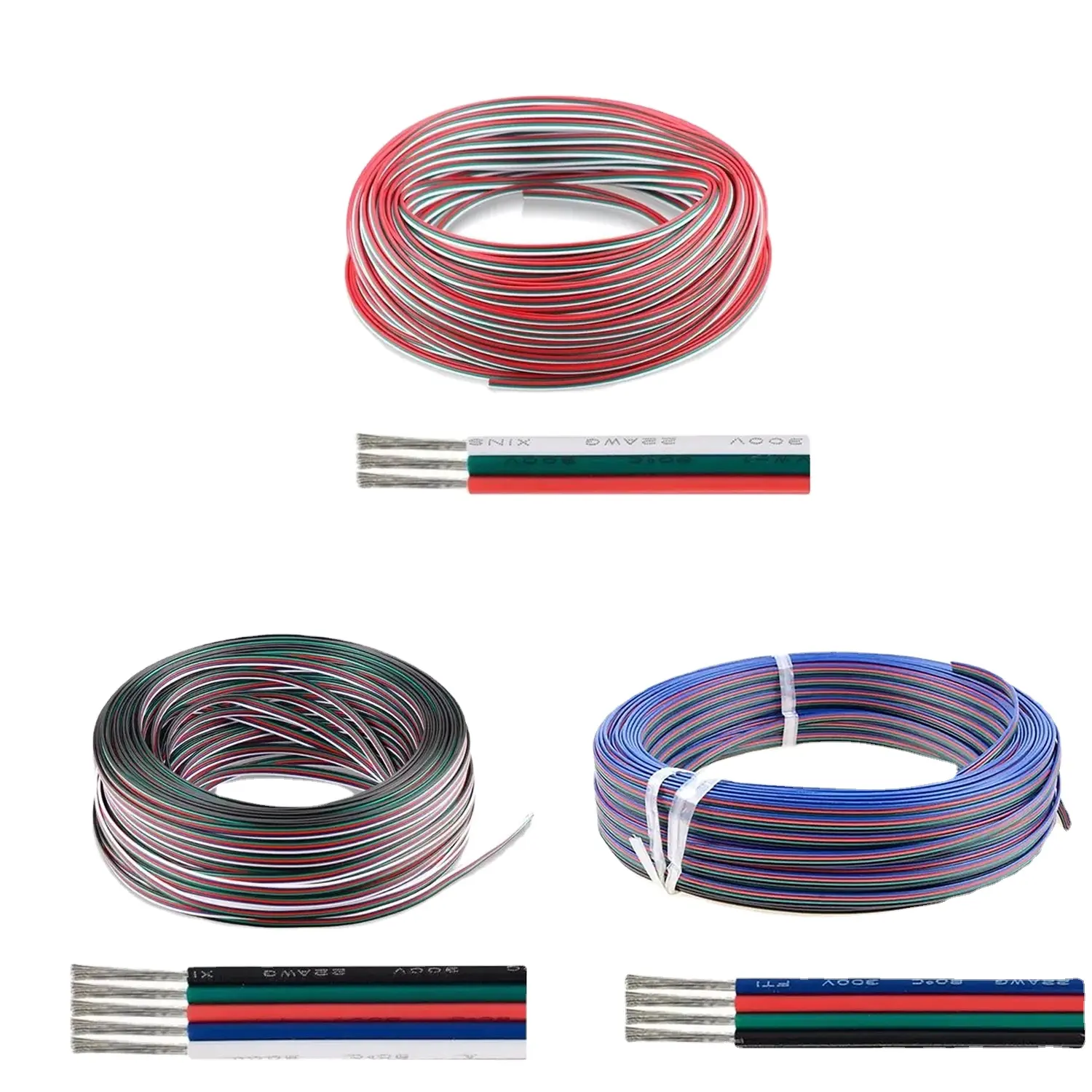 สายไฟ LED ลวดสีเขียวสตริงลวดทองแดง2/3/22AWG ขา FPC สายแบนกาว RGB 4/5ส่วนต่อขยายสายไฟ Led