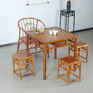 <b>Bamboo</b> Chinese Style Square Table And <b>Stool</b> Set 4 Piece Light Color Dining Room Furniture Durable Design - Product Image 3
