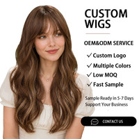 Perruque synthétique longue ondulée châtain brun avec mèches blondes, frange fine, résistante à la chaleur, ligne de cheveux naturelle, sans colle, ajustable