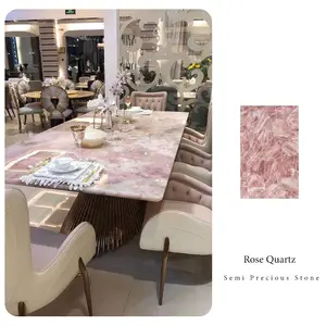 Table à manger en pierres précieuses de luxe personnalisée meubles en quartz rose en pierre semi-précieuse