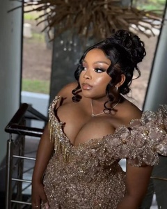 Vestidos de Noche Aso Ebi con <span class=keywords><strong>Lentejuelas</strong></span> Color Rosa, Flores 3D, Un Hombro Descubierto, <span class=keywords><strong>Vestido</strong></span> Africano para Bodas y Fiestas, Personalizado - Product Image 4