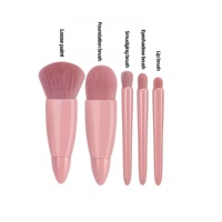 5pcs Set Kuas Makeup Wajah & Mata Mini Pink Portabel dengan Bulu Sintetis Lembut, Gagang Plastik, dan Kotak Cermin untuk Perjalanan