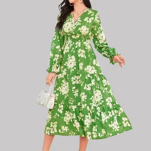 Party Wear V-neck Tiered Dress Elastic Waisted Custom Blossom Printing Long Sleeve Women's Dresses For Special Occasions