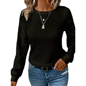 <span class=keywords><strong>Camiseta</strong></span> de Moda Otoño-Invierno para Mujer, Color Sólido, con Encaje, Cómoda, Versátil, Cuello Redondo, Diseño Calado - Product Image 2