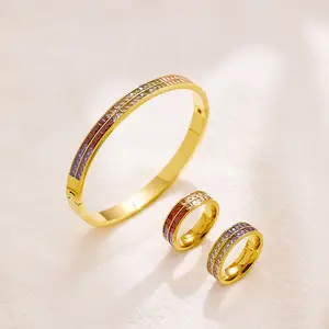 Gelang dan cincin jepret baja titanium wanita, cincin baja titanium kristal warna-warni set zirkon 18K lapis emas stainless steel