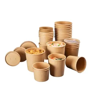 Оптовая продажа, миска для супа, одноразовая бумажная миска из коричневой бумаги, миски для горячего супа с пластиковой крышкой