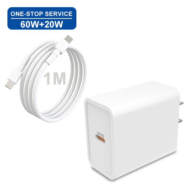 One Stop Service 2 Packs Wall Charger 20W US Plug USB C Cable 60W Packed in One PE Bag for Mobile Phone Charge
