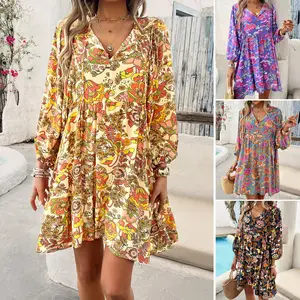 Wholesale Hot 2024 Spring/summer New Leisure Holiday Printed Long-sleeved Dress