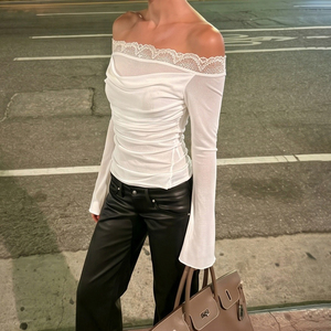 T-shirt blanc à épaules dénudées avec dentelle, froncé, en polyester respirant, à manches longues, coupe ajustée pour femme, idéal pour la plage, les fêtes ou les tenues décontractées - Product Image 3