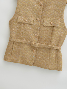 8 Colorway Crew Neck Button up Sashes Casual Fashion <strong>Tweed</strong> Vest <strong>Waistcoat</strong> for <strong>Women</strong> - Product Image 5