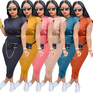 Mùa Hè Phụ Nữ Quần Áo Mới Đến Sexy Không Tay Vai Pad Thời Trang Phụ Nữ Giản Dị Crop Top Ăn Mặc Hai Mảnh Của Phụ Nữ Váy Bộ