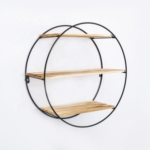 Étagère murale géométrique ronde en fer forgé - Étagère flottante rustique en bois à plusieurs niveaux pour l'organisation de la maison - Product Image 2