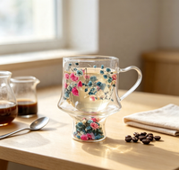 Mug en verre borosilicate à double paroi avec poignée isolante, motif floral, tasse à café et à thé, décoration d'intérieur, cadeau