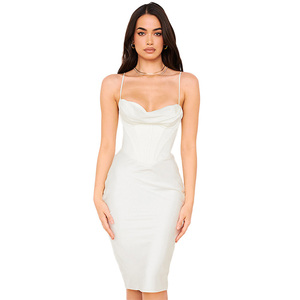 Bretelle corsetto tinta unita commercio estero sexy raso elegante <span class=keywords><strong>abito</strong></span> a media lunghezza trasversale donna - Product Image 6
