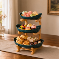 Support de service en bambou à 3 niveaux avec bols en céramique, bol à fruits, plateau à collations, présentoir à desserts pour table à manger