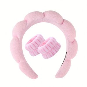 Ensemble de bandeaux torsadés en éponge à couronne haute pour femme, style doux, en tissu éponge, pour le lavage du visage, le maquillage et le spa, avec bracelets - Product Image 6