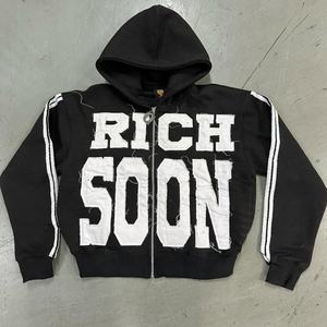 Ventes en gros de sweats à capuche surdimensionnés vintage pour hommes en coton 100% avec fermeture éclair, broderie, tissu en molleton français, délavé au soleil, 3D, longs - Product Image 5