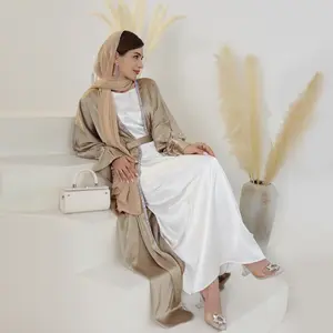 Eid Dubai Cor Sólida Frisada Flared Manga Árabe Saudita Abaya Designs Luxo Preto Aberto Abaya Vestidos Turcos para Mulheres Étnicas