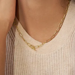 Collier minimaliste en acier inoxydable plaqué or 18k, grand trombone, ne ternit pas, fermoir à bascule, colliers pour femmes, vente en gros